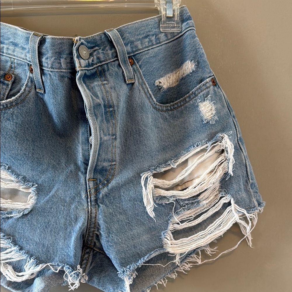 Levi's Blue Distressed Jean Shorts High-Waisted - Picture 4 of 9